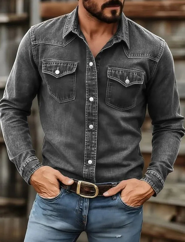 Gewassen denim herenoverhemd met knoopsluiting en zakken