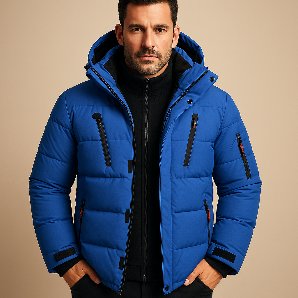 Heren winterjas met capuchon, puffer-model met gewatteerd ontwerp en meerdere ritszakken