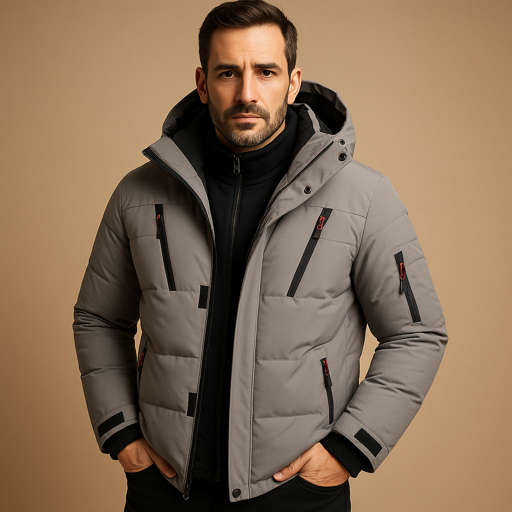 Heren winterjas met capuchon, puffer-model met gewatteerd ontwerp en meerdere ritszakken
