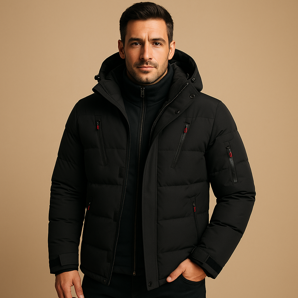 Heren winterjas met capuchon, puffer-model met gewatteerd ontwerp en meerdere ritszakken