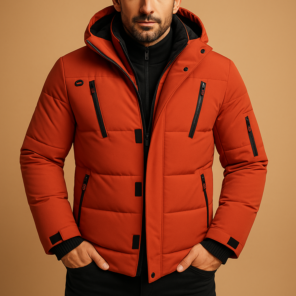 Heren winterjas met capuchon, puffer-model met gewatteerd ontwerp en meerdere ritszakken