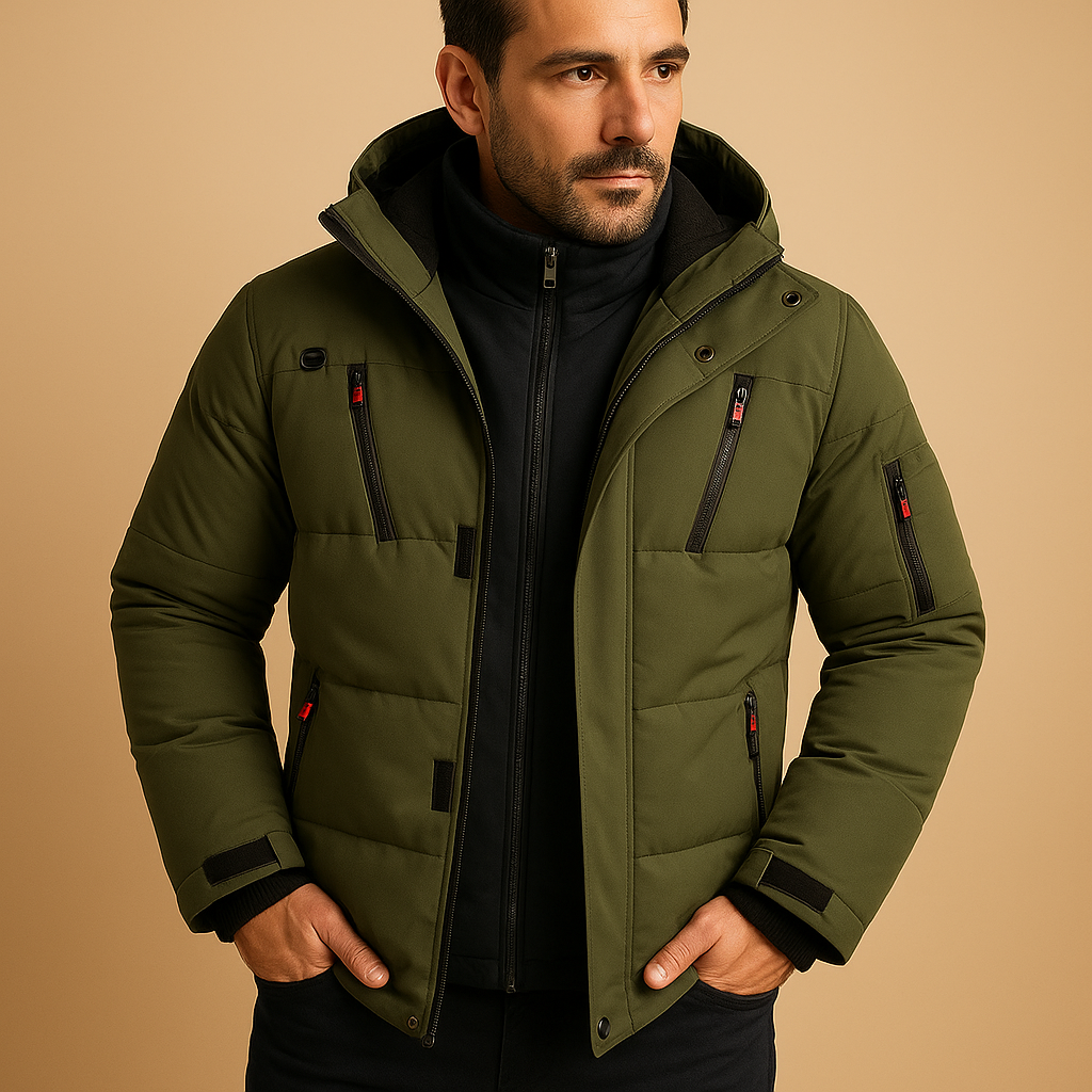 Heren winterjas met capuchon, puffer-model met gewatteerd ontwerp en meerdere ritszakken
