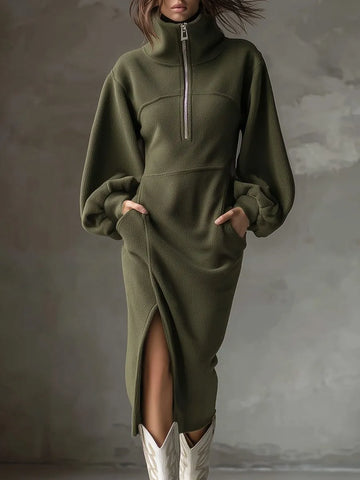 Minka fleece midijurk voor dames met lantaarnmouwen