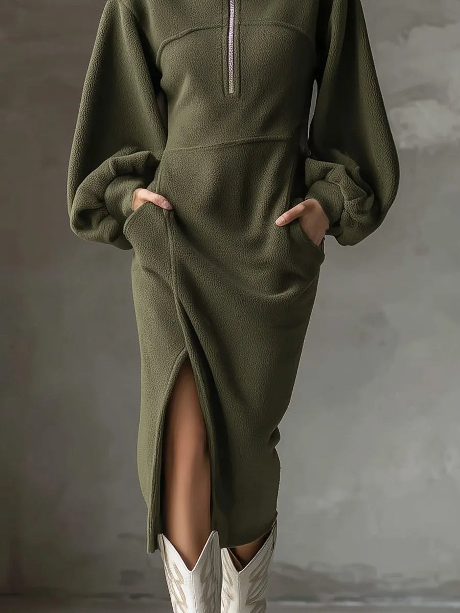 Minka fleece midijurk voor dames met lantaarnmouwen