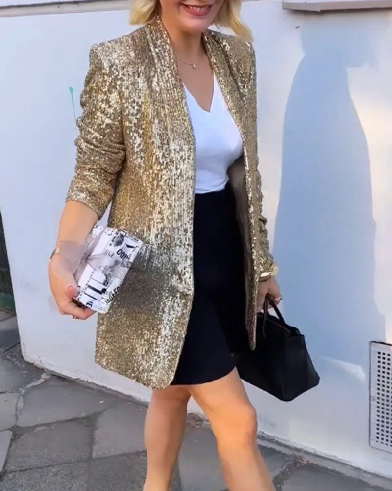 Myla lange openvallende damesblazer met pailletten