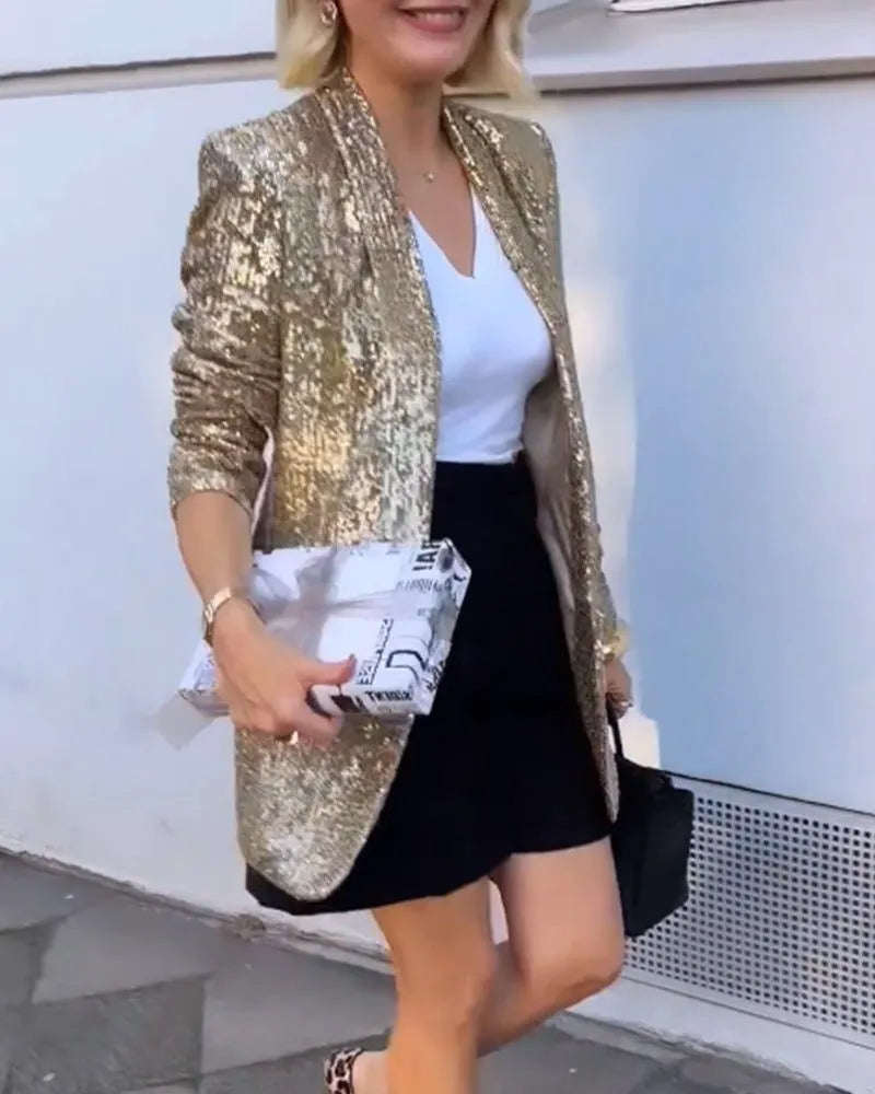 Myla lange openvallende damesblazer met pailletten