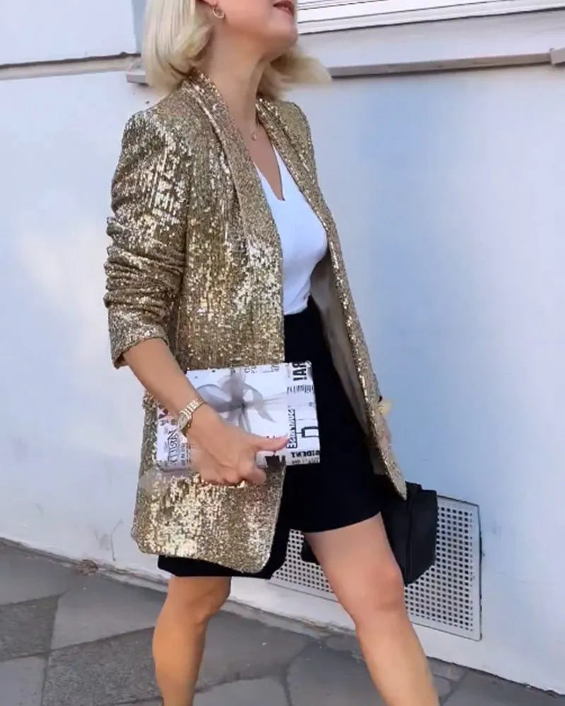 Myla lange openvallende damesblazer met pailletten