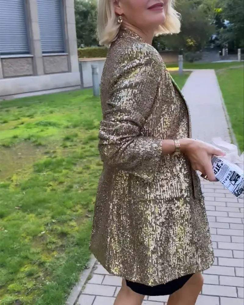 Myla lange openvallende damesblazer met pailletten