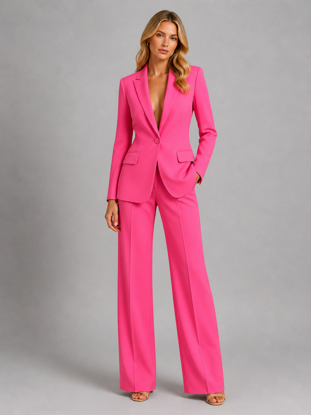 Tweedelig dames pantalonpak met blazer en broek met wijde pijpen.