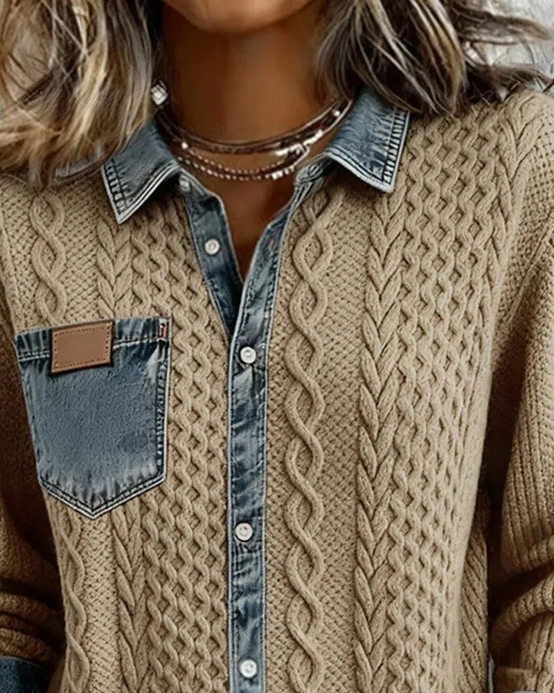 Nessa kabelgebreide damesblouse met knoopsluiting