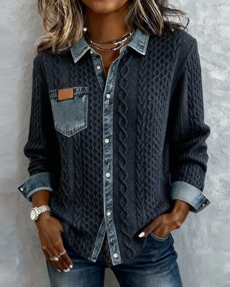 Nessa kabelgebreide damesblouse met knoopsluiting