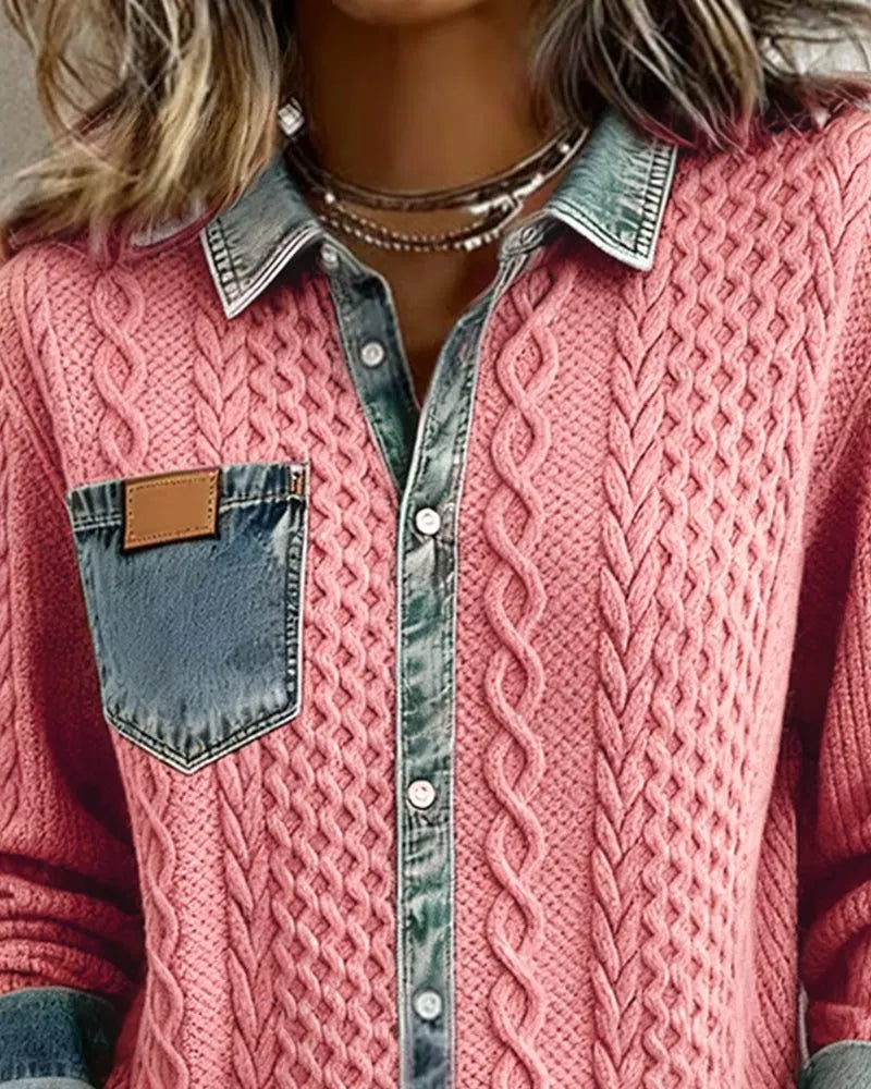 Nessa kabelgebreide damesblouse met knoopsluiting