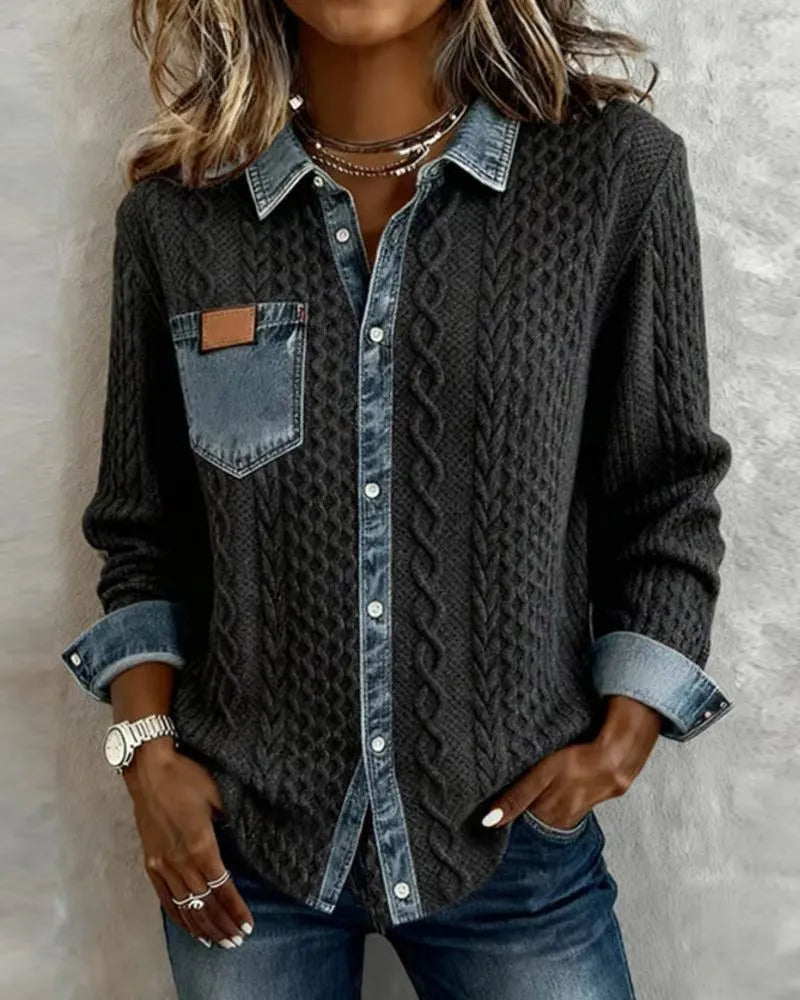 Nessa kabelgebreide damesblouse met knoopsluiting