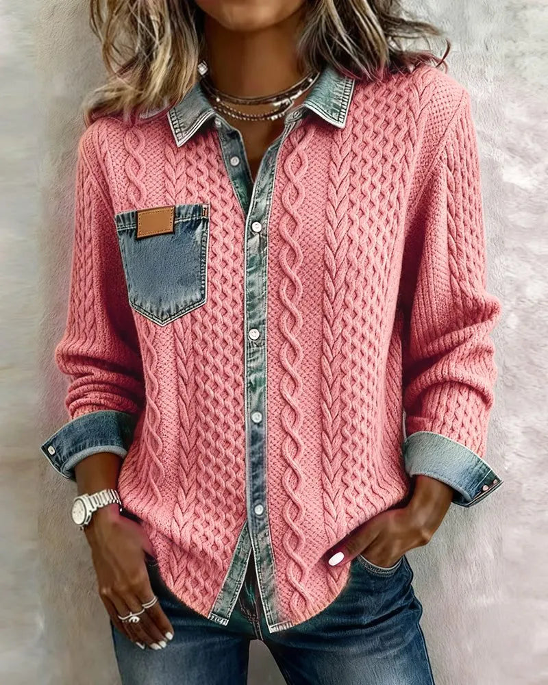 Nessa kabelgebreide damesblouse met knoopsluiting