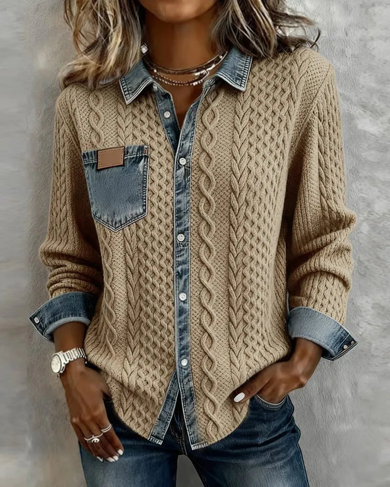 Nessa kabelgebreide damesblouse met knoopsluiting