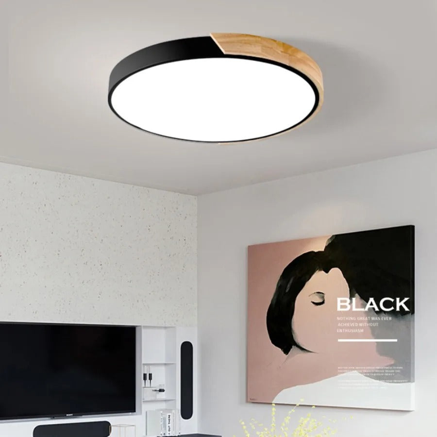 Scandinavische LED-plafondlamp in macaronvorm met houtaccent voor woonkamer of slaapkamer