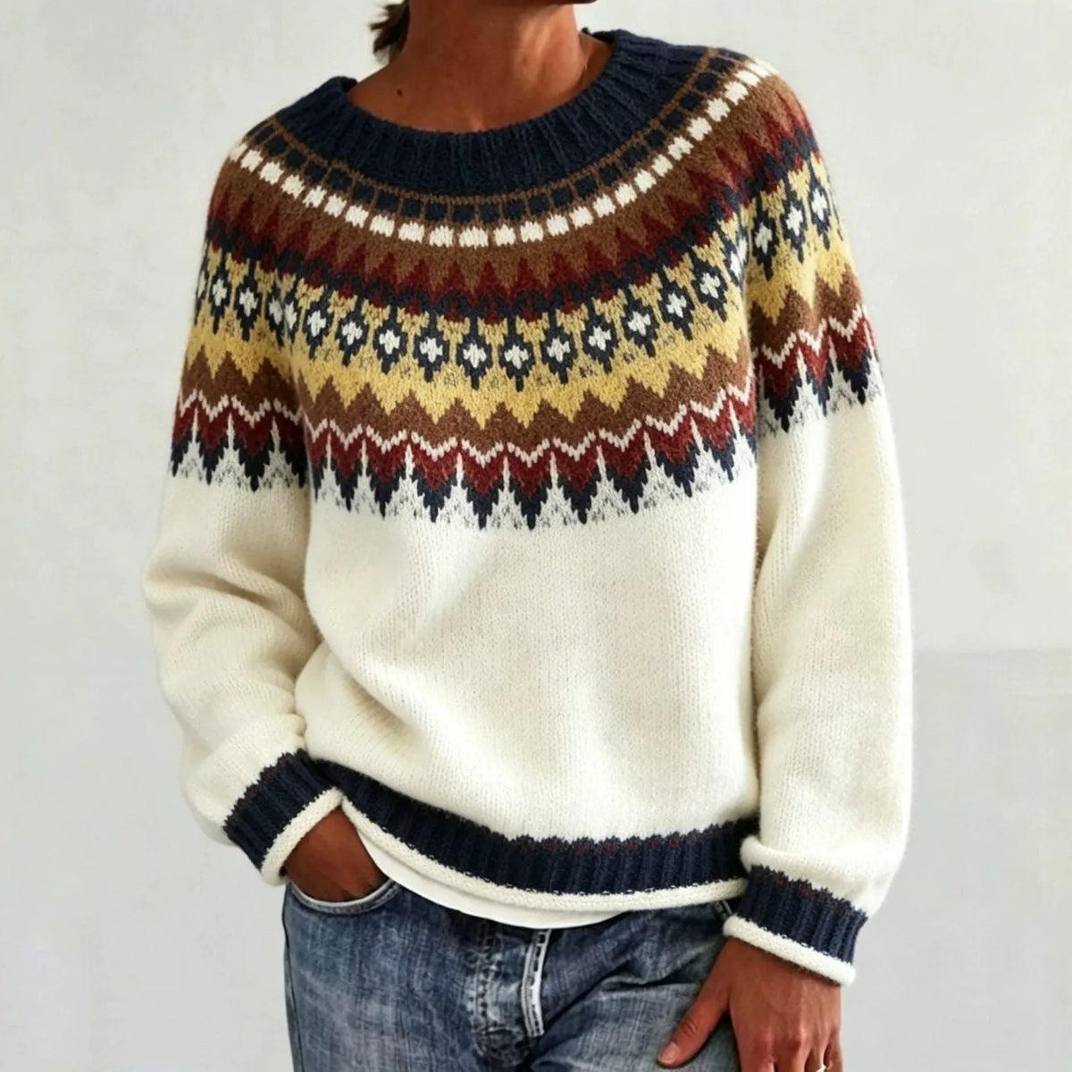 Olalla damestrui met ronde hals en Fair Isle-patroon