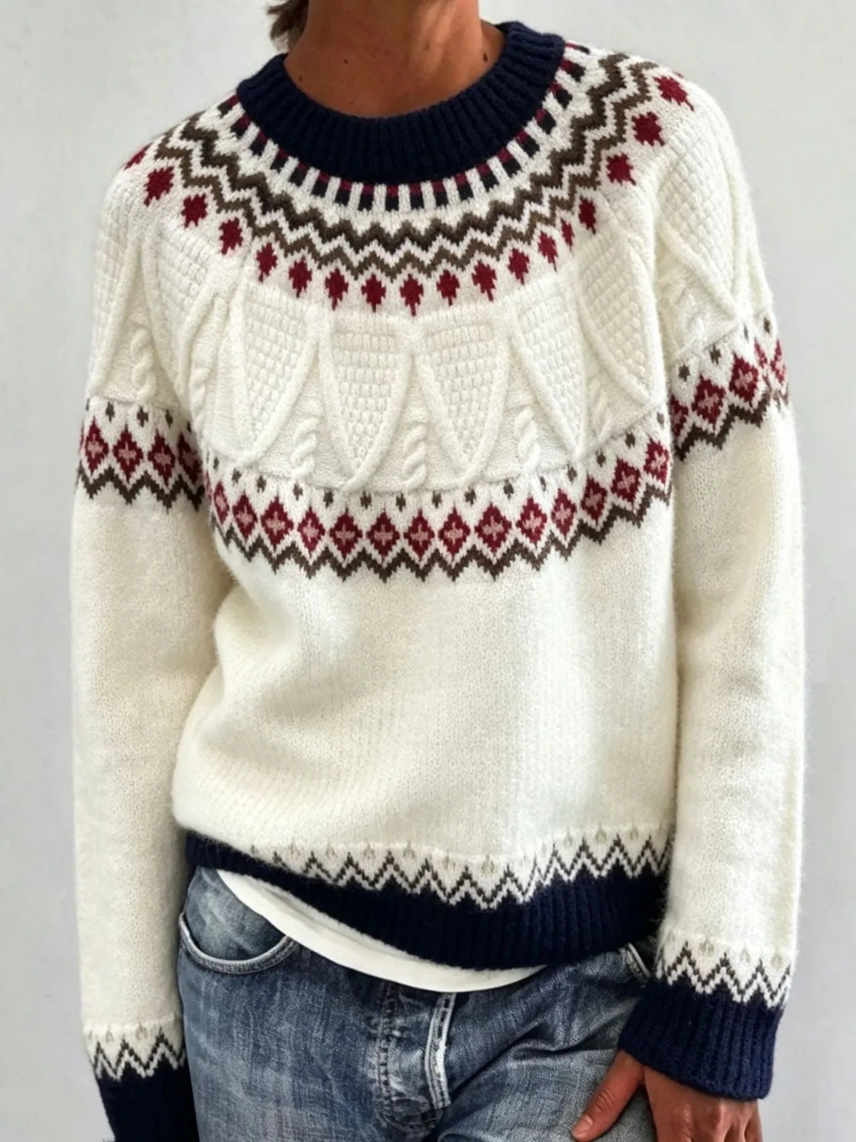 Olalla damestrui met ronde hals en Fair Isle-patroon