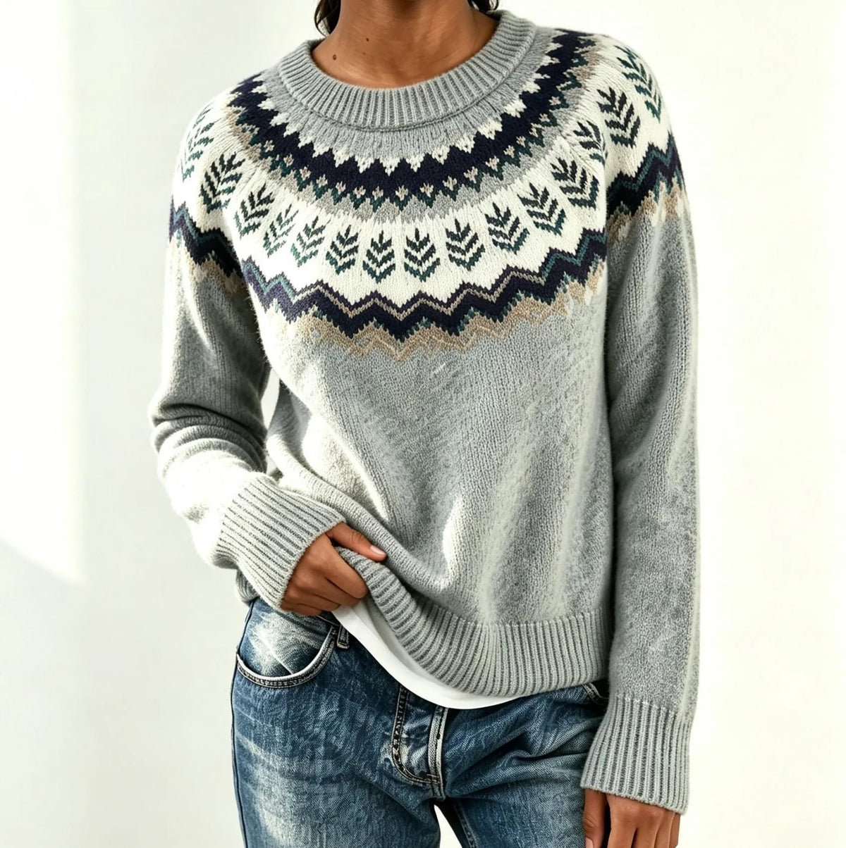 Olalla damestrui met ronde hals en Fair Isle-patroon