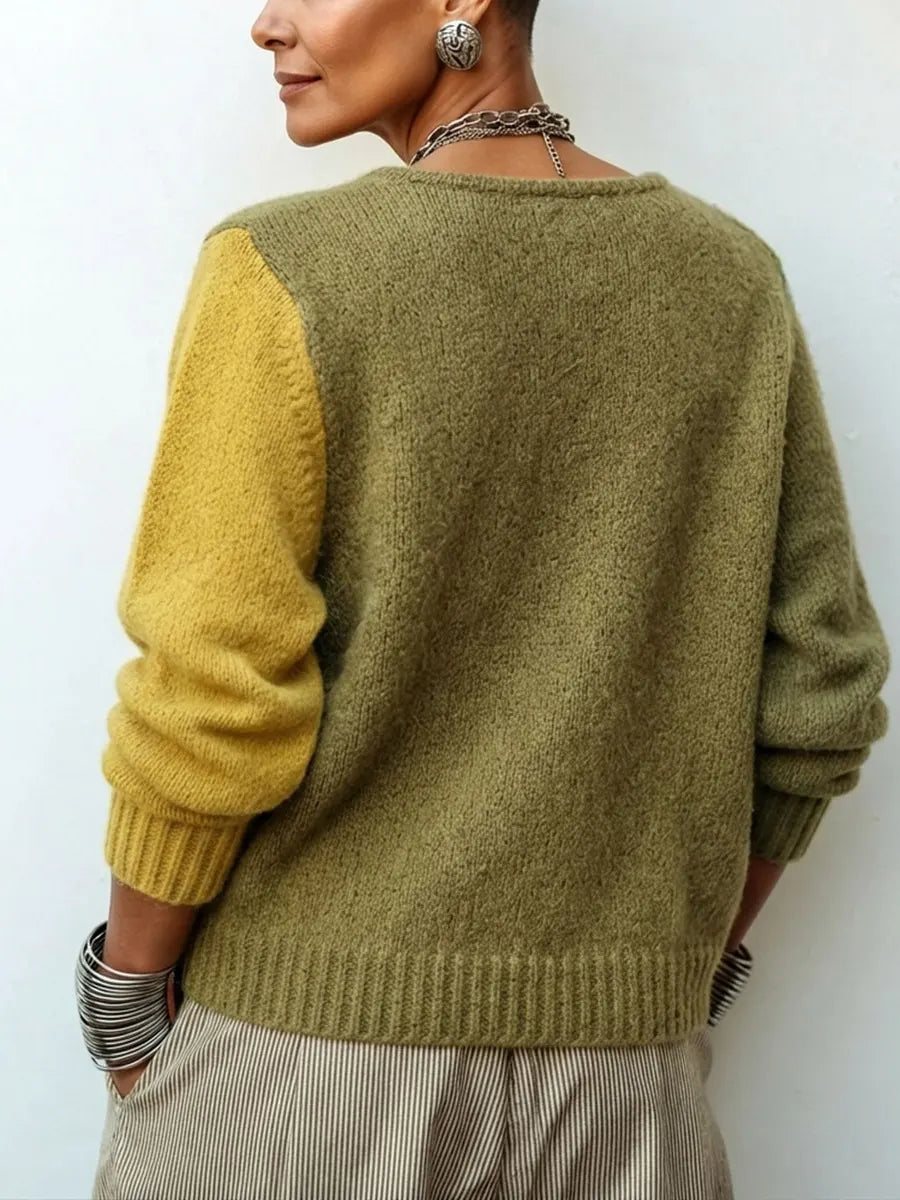 Dames colorblock gebreide trui met asymmetrische knopen, losse pasvorm