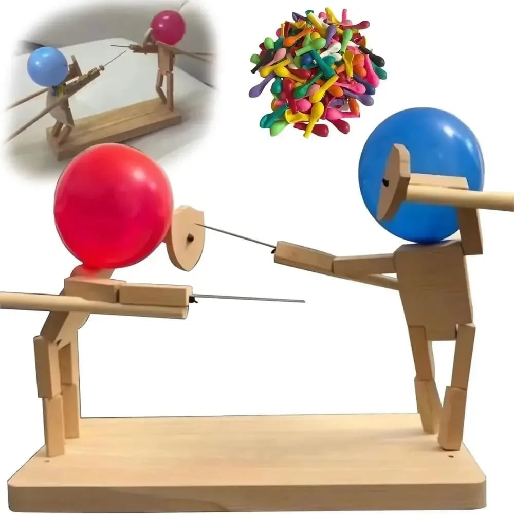 Partyspel ballonnenstrijd houten marionet schermhoofd