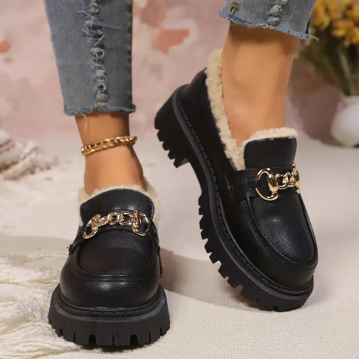 Paulien damesloafers met plateauzool en fleecevoering