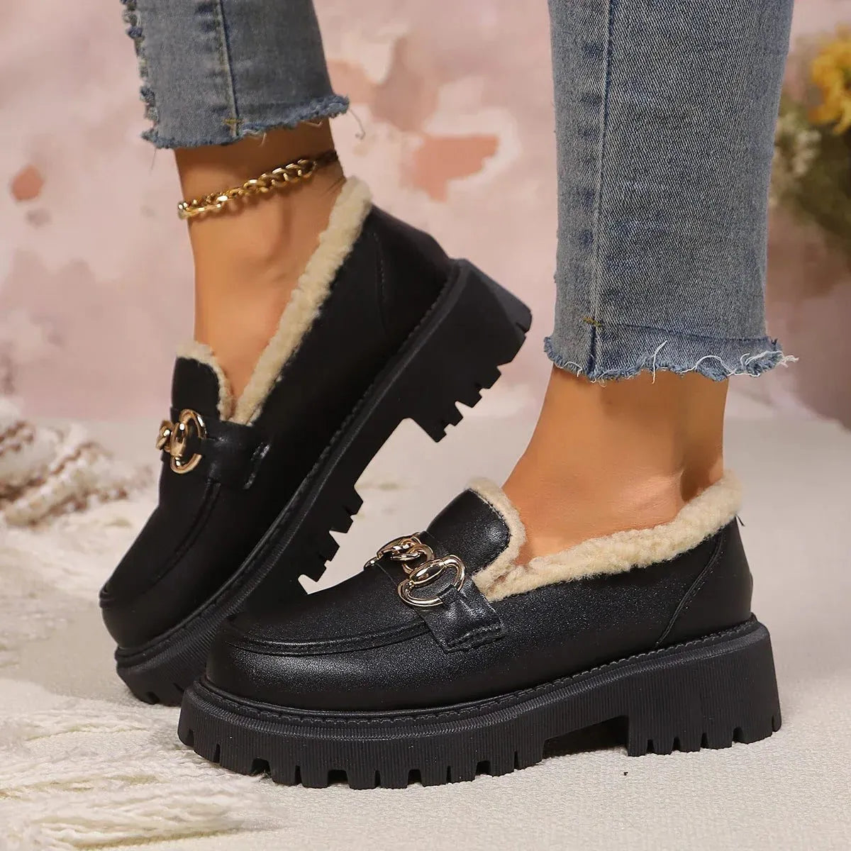 Paulien damesloafers met plateauzool en fleecevoering