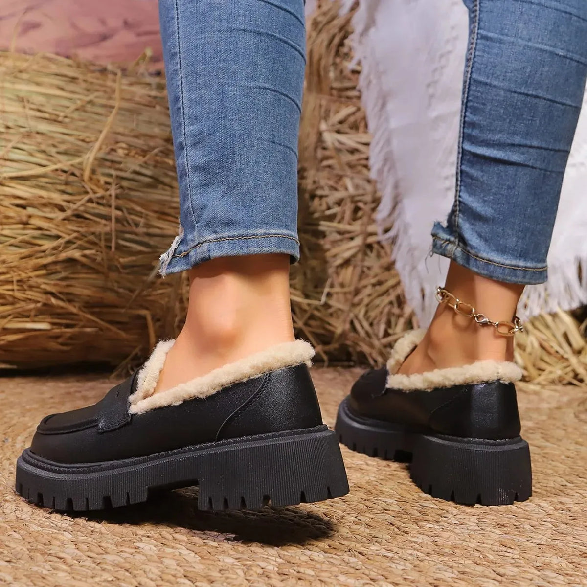 Paulien damesloafers met plateauzool en fleecevoering