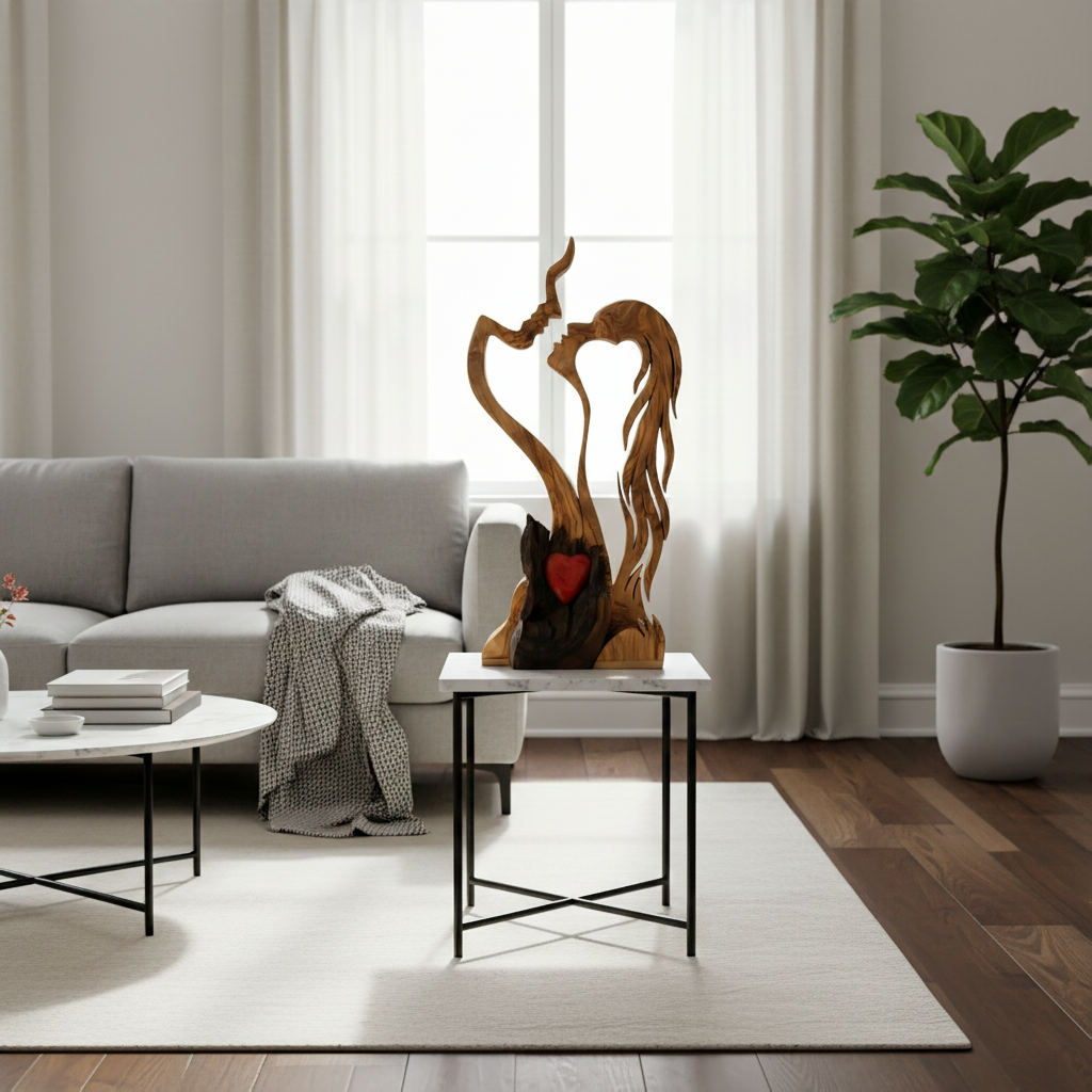 Houten Koppelbeeld – Abstract Design, Ambachtelijke Uitstraling & Woondecoratie