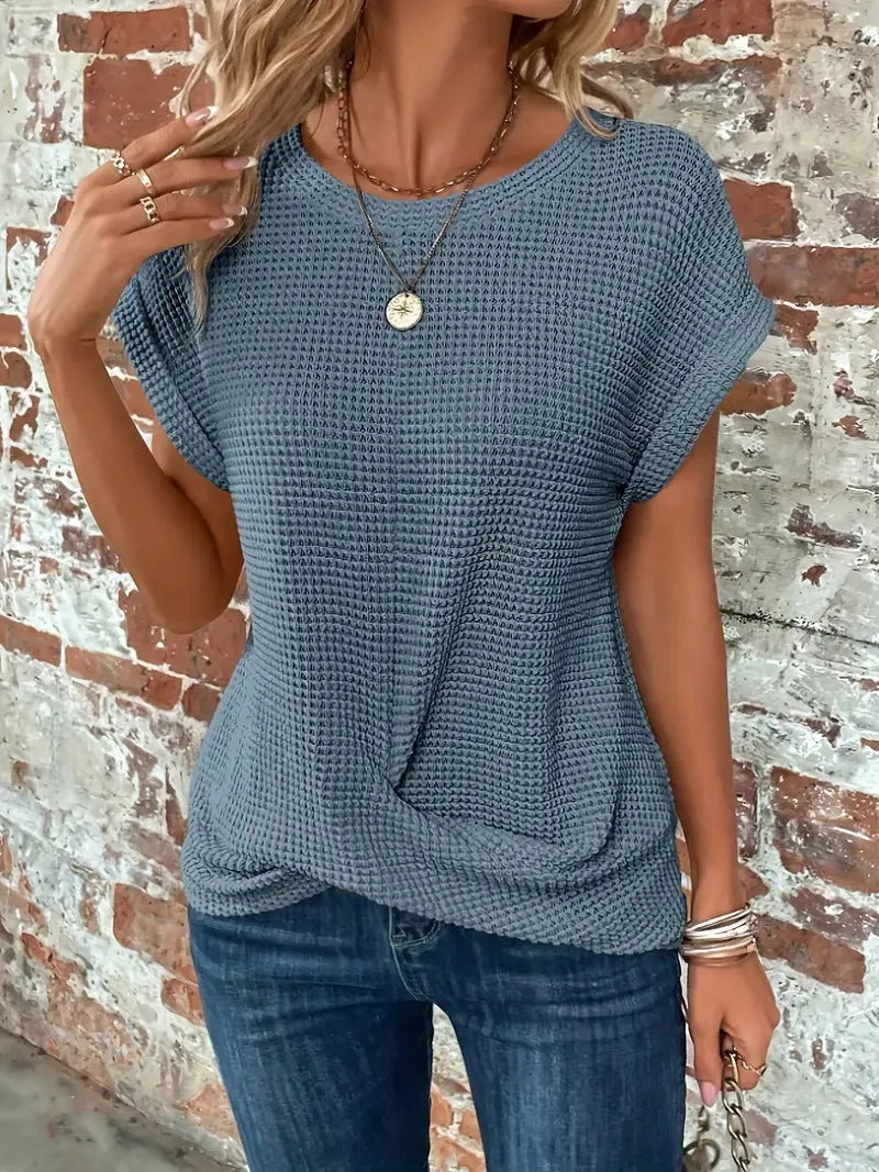 Pearl wafelgebreide damestop met korte mouwen