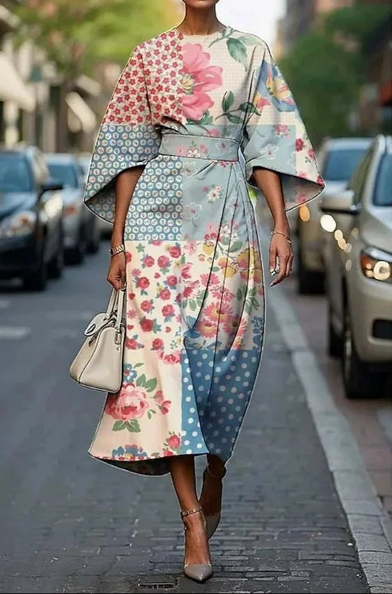 Piper midijurk voor dames met bloemenprint, kimonomouwen en ceintuur