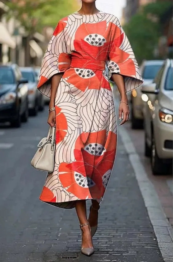 Piper midijurk voor dames met bloemenprint, kimonomouwen en ceintuur