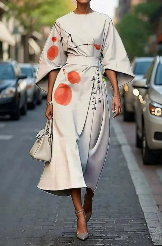 Piper midijurk voor dames met bloemenprint, kimonomouwen en ceintuur