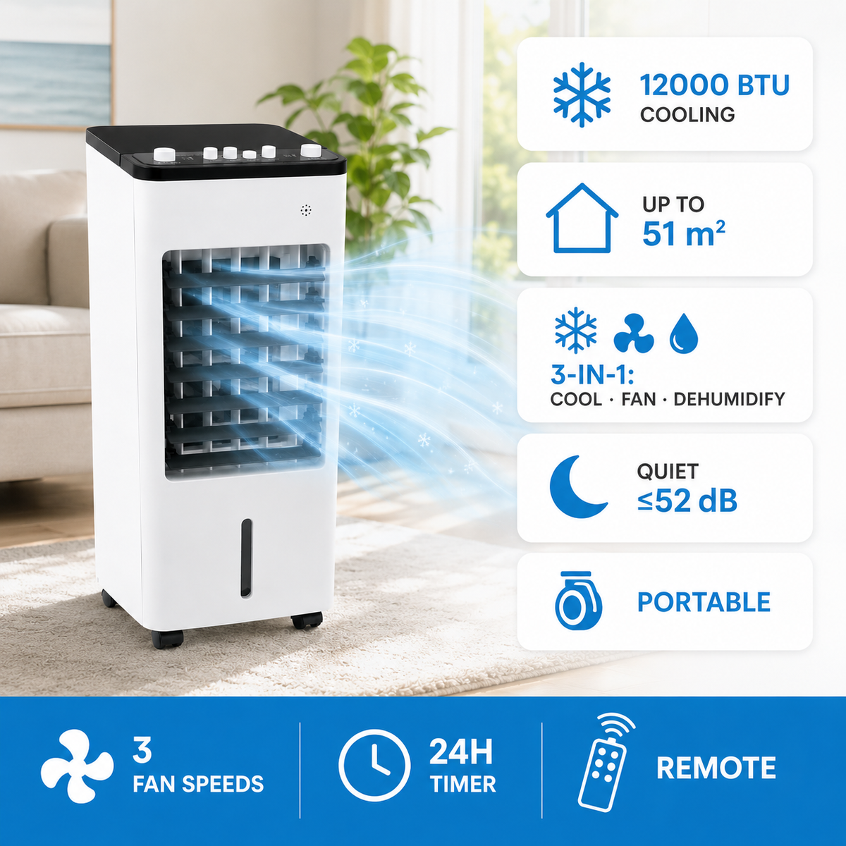 Mobiele Airconditioner en Koeler met Verdampingskoelventilator en Luchtbevochtigerfunctie