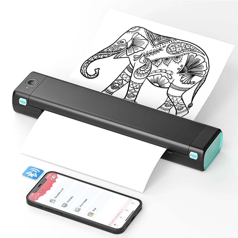 Draagbare thermische printer, draadloos, Bluetooth, USB, compact, A4, voor smartphone en mobiel