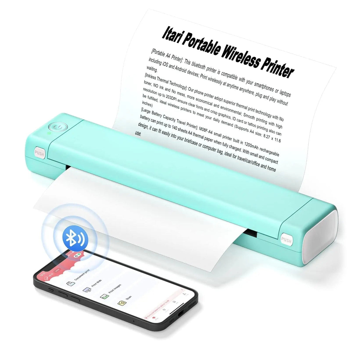 Draagbare thermische printer, draadloos, Bluetooth, USB, compact, A4, voor smartphone en mobiel