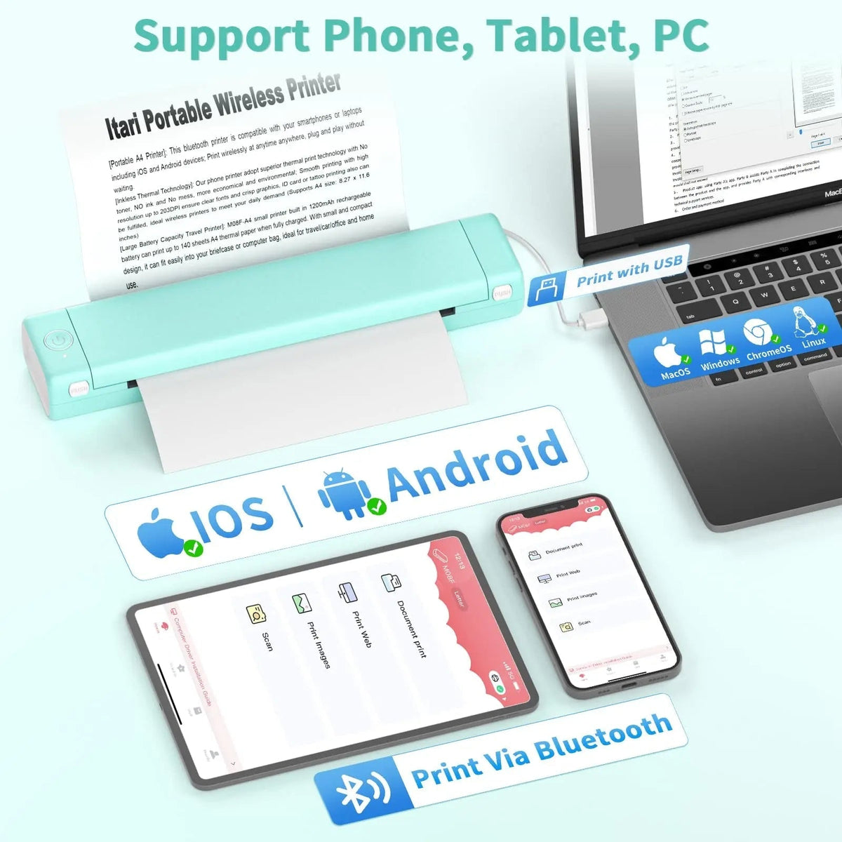 Draagbare thermische printer, draadloos, Bluetooth, USB, compact, A4, voor smartphone en mobiel