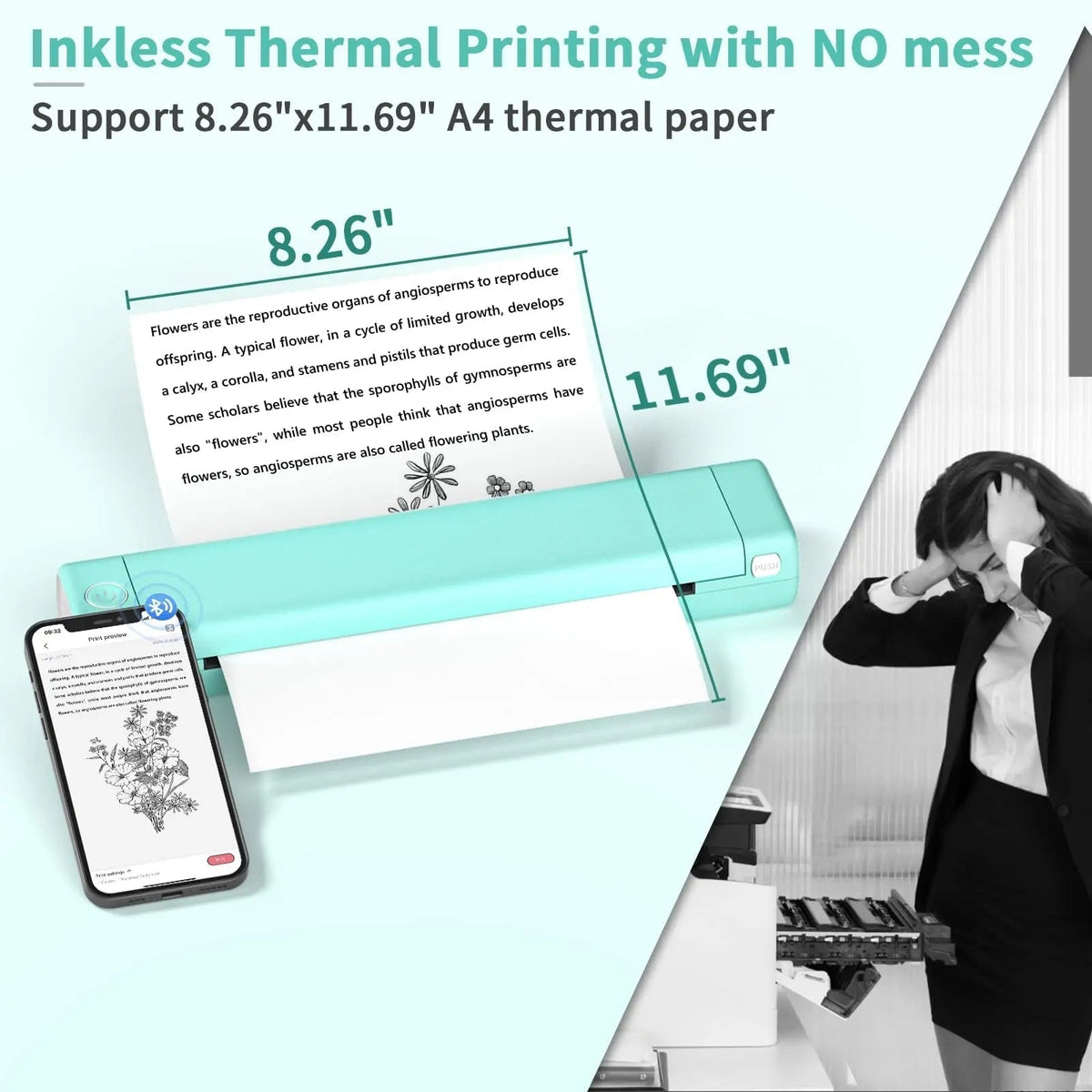 Draagbare thermische printer, draadloos, Bluetooth, USB, compact, A4, voor smartphone en mobiel