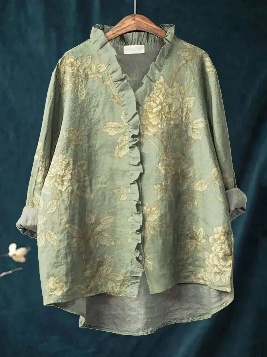 Posy linnen damesblouse met bloemenprint, ruches en knoopsluiting