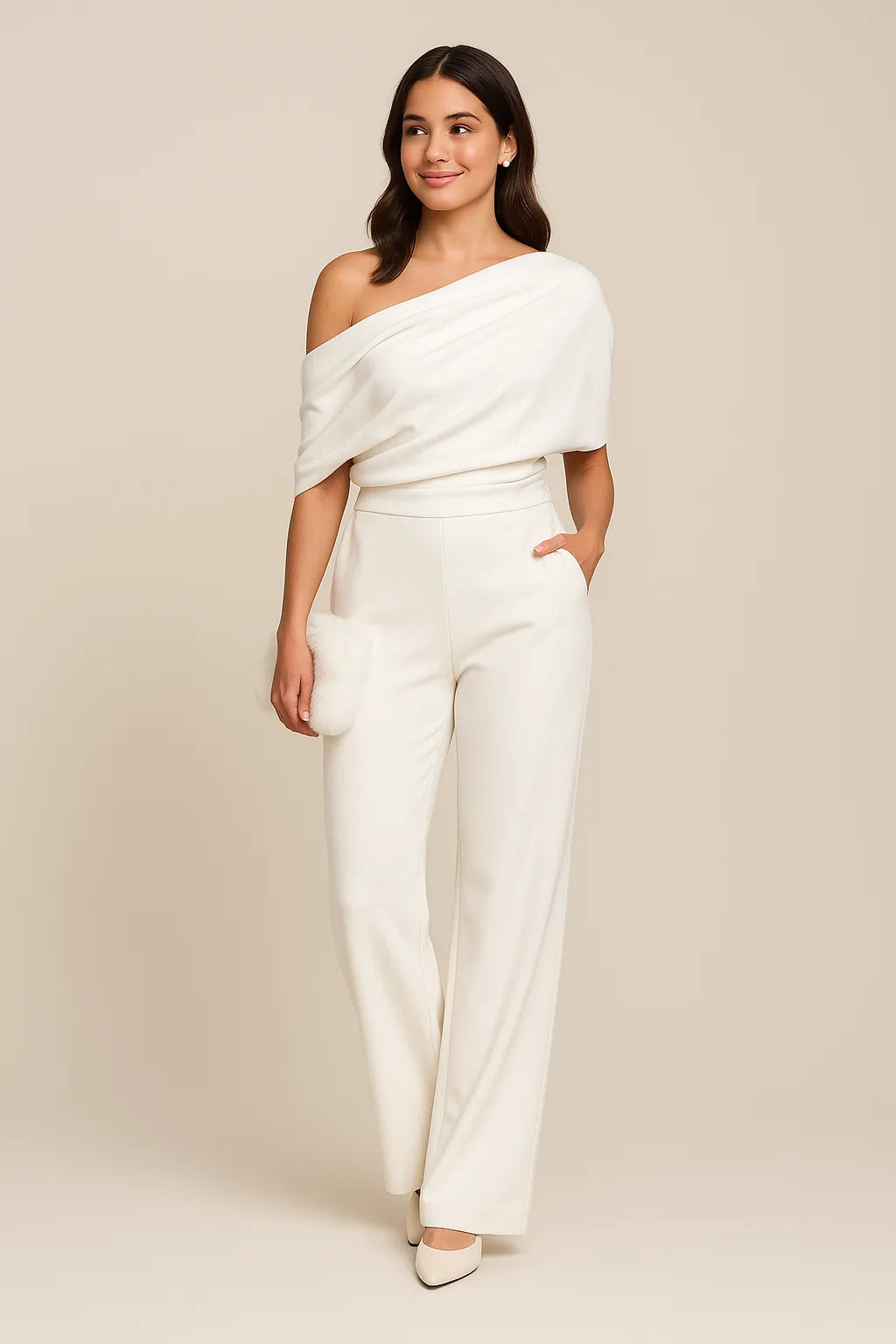 Primrose damesjumpsuit met één schouder en wijde pijpen