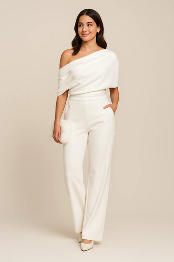 Primrose damesjumpsuit met één schouder en wijde pijpen