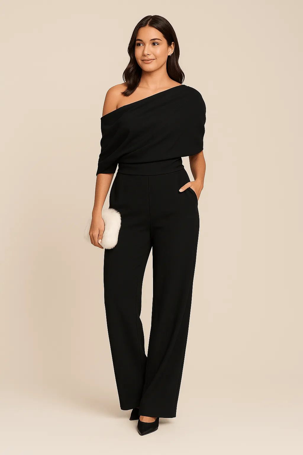 Primrose damesjumpsuit met één schouder en wijde pijpen