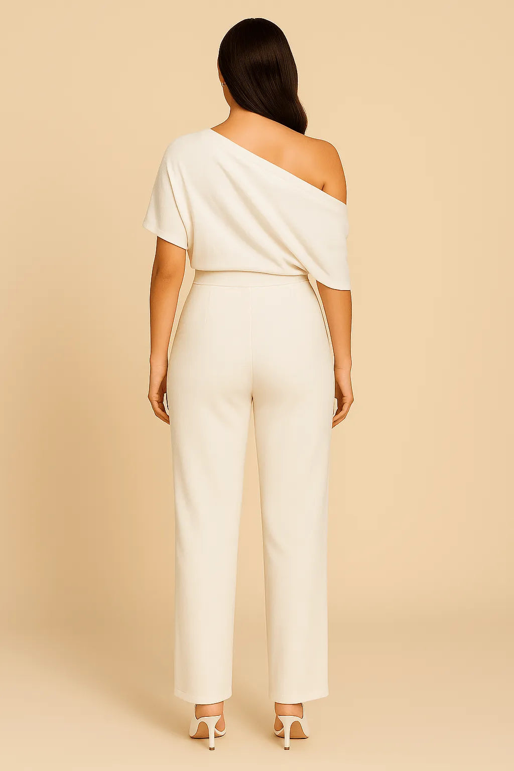 Primrose damesjumpsuit met één schouder en wijde pijpen