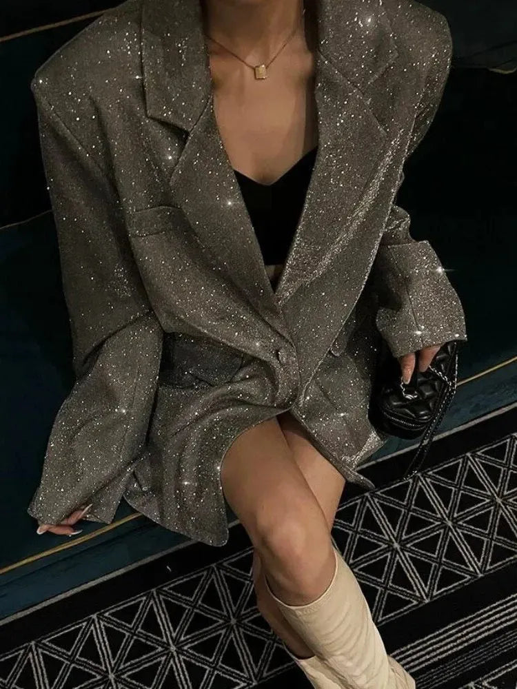 Priscilla oversized damesblazer met pailletten en revers met inkeping