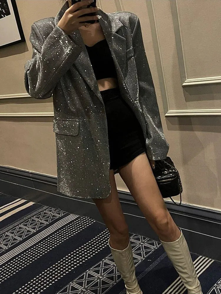 Priscilla oversized damesblazer met pailletten en revers met inkeping