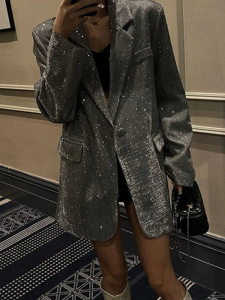 Priscilla oversized damesblazer met pailletten en revers met inkeping