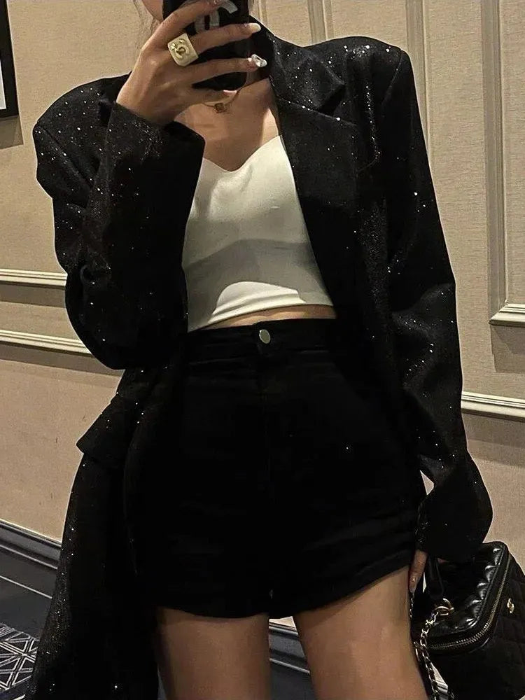 Priscilla oversized damesblazer met pailletten en revers met inkeping