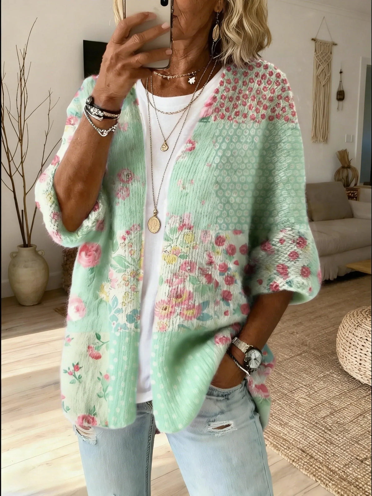 Qadira openvallend damesvest met patchwork