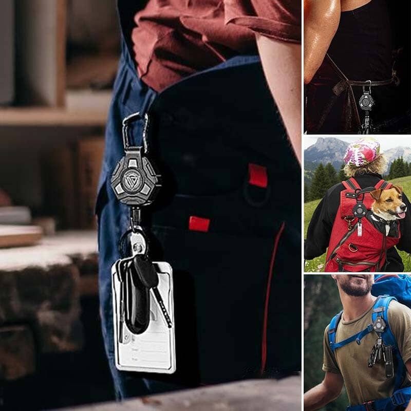 Intrekbare sleutelhanger met karabijnhaak en zware stalen draad, badgehouderring