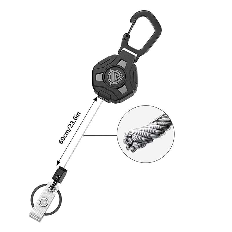 Intrekbare sleutelhanger met karabijnhaak en zware stalen draad, badgehouderring